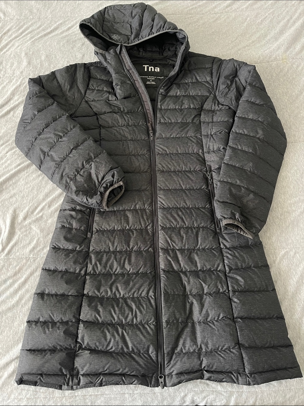 TNA Women's Long Hooded Puffer Coat - Charcoal Black